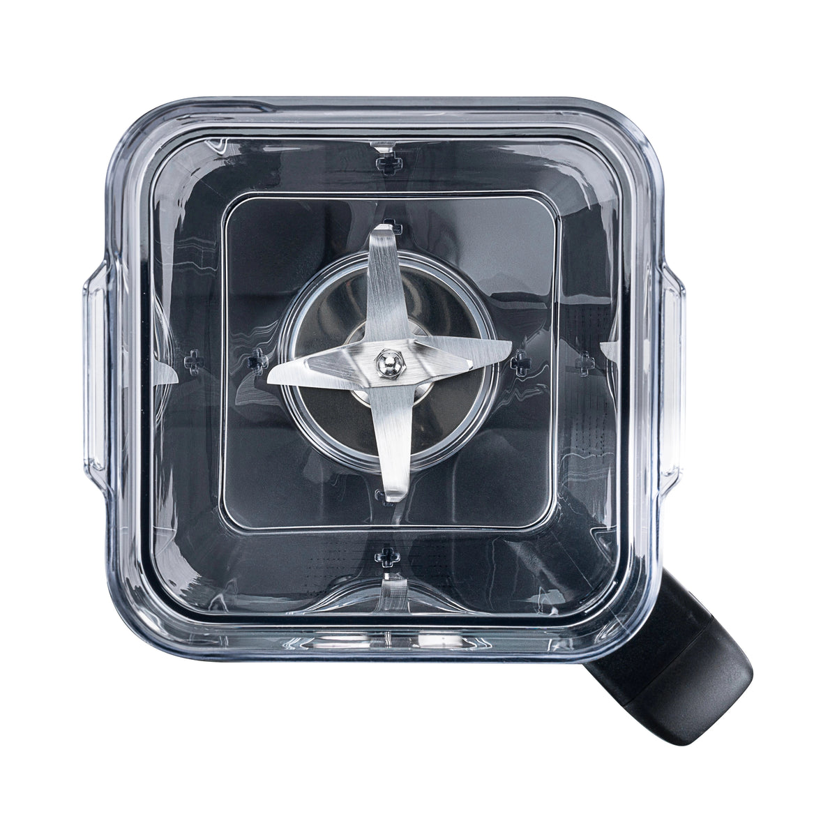 Top-down view into the Wilfa Powerfuel XL blender jar, showing the six-prong stainless steel blade and the black handle.