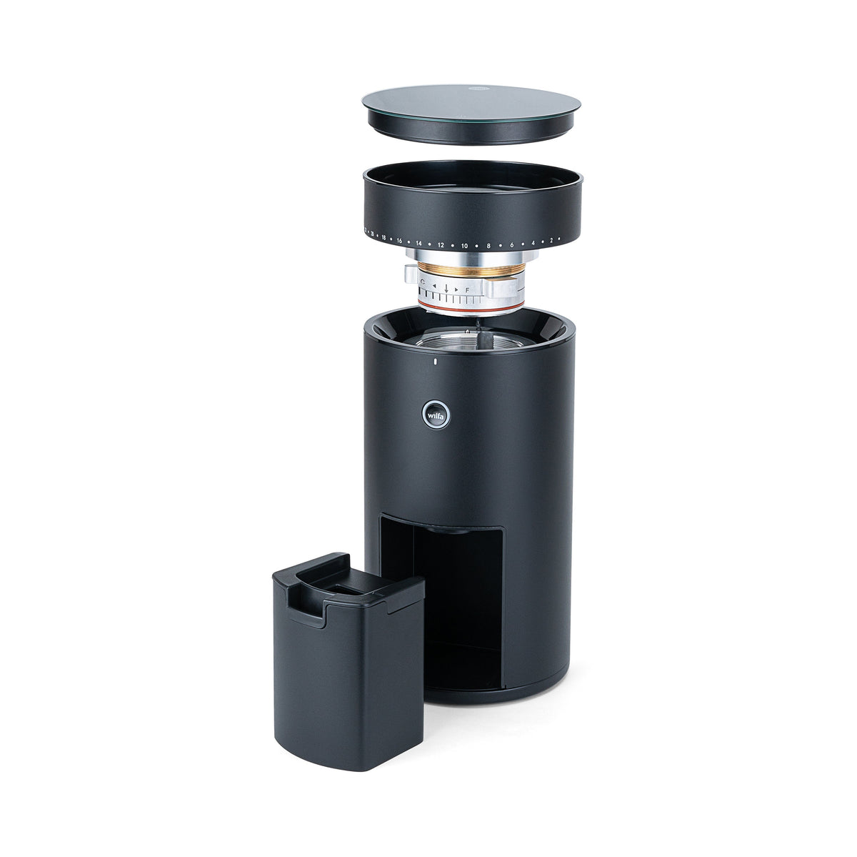 Exploded view of the Wilfa Uniform Evo coffee grinder showing the lid, bean hopper, burr assembly, body and grounds container stacked vertically.