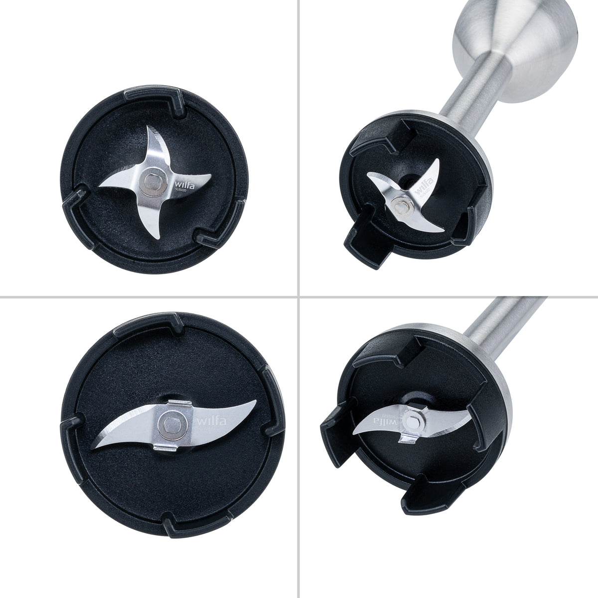 Four close-up views of the Wilfa Prostick blending heads, showing the stainless steel blades and the black protective guards from above and at an angle.