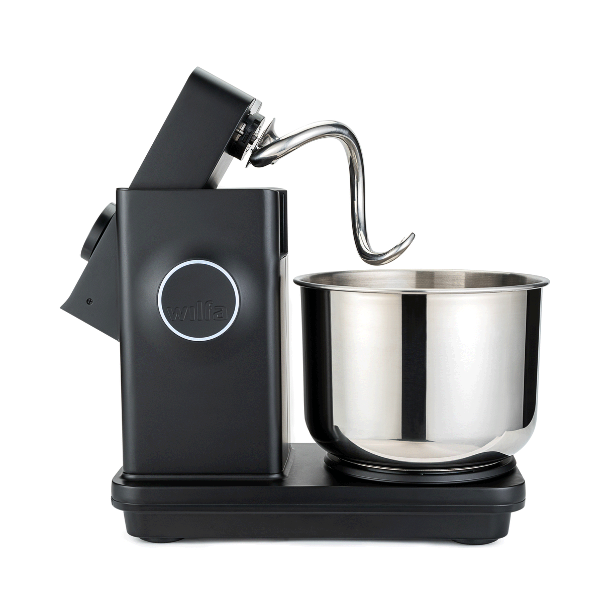 Side view of the Probaker NXT stand mixer with the head tilted back and the spiral dough hook raised above the stainless steel bowl.