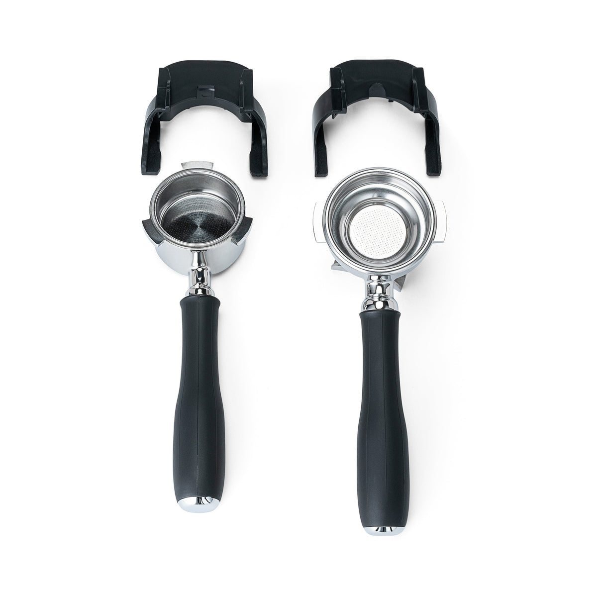 Two portafilter forks with portafilters attached, accessories for the Wilfa Uniform Evo coffee grinder, on a white background.